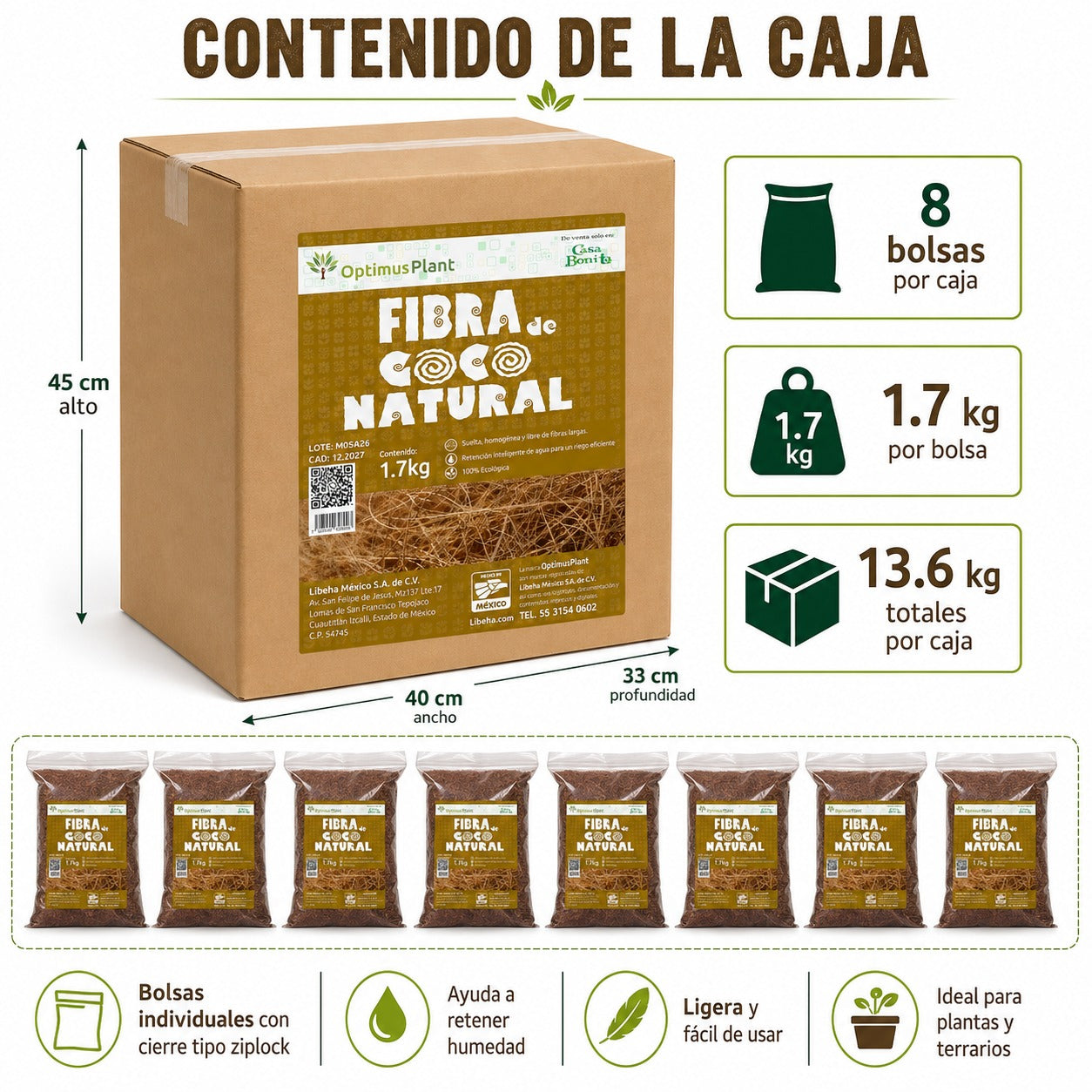 Caja Fibra De Coco Optimus Plant 8 Bolsas Para Sustratos
