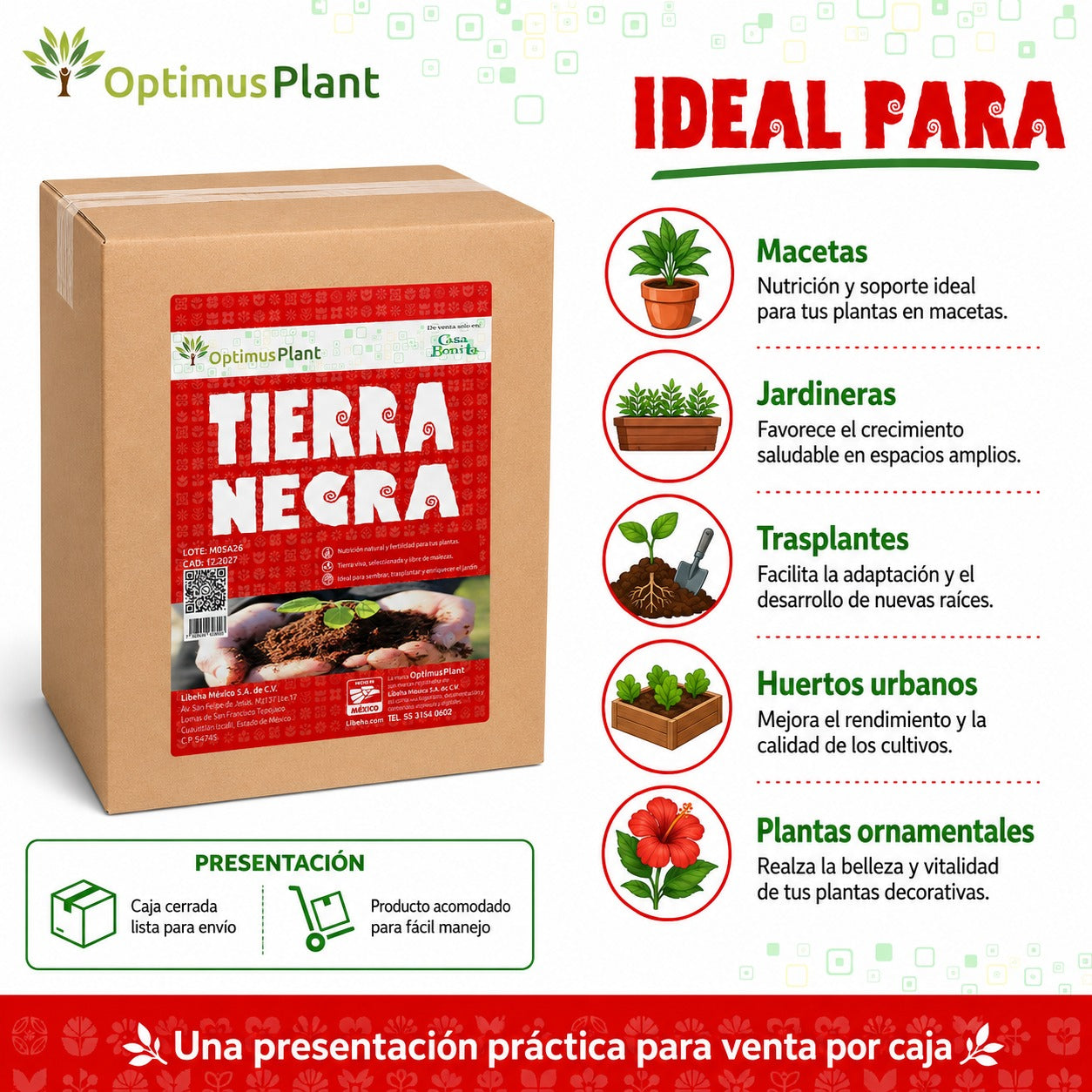 Caja Tierra Negra Optimus Plant Con Perlita Y Humus 8 Bolsas