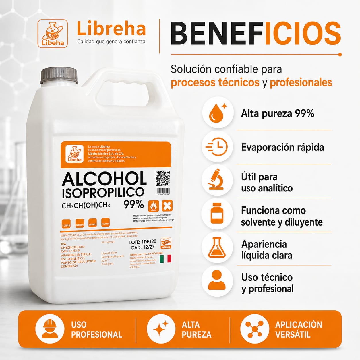 Alcohol Isopropílico 99.9% 4 Litros